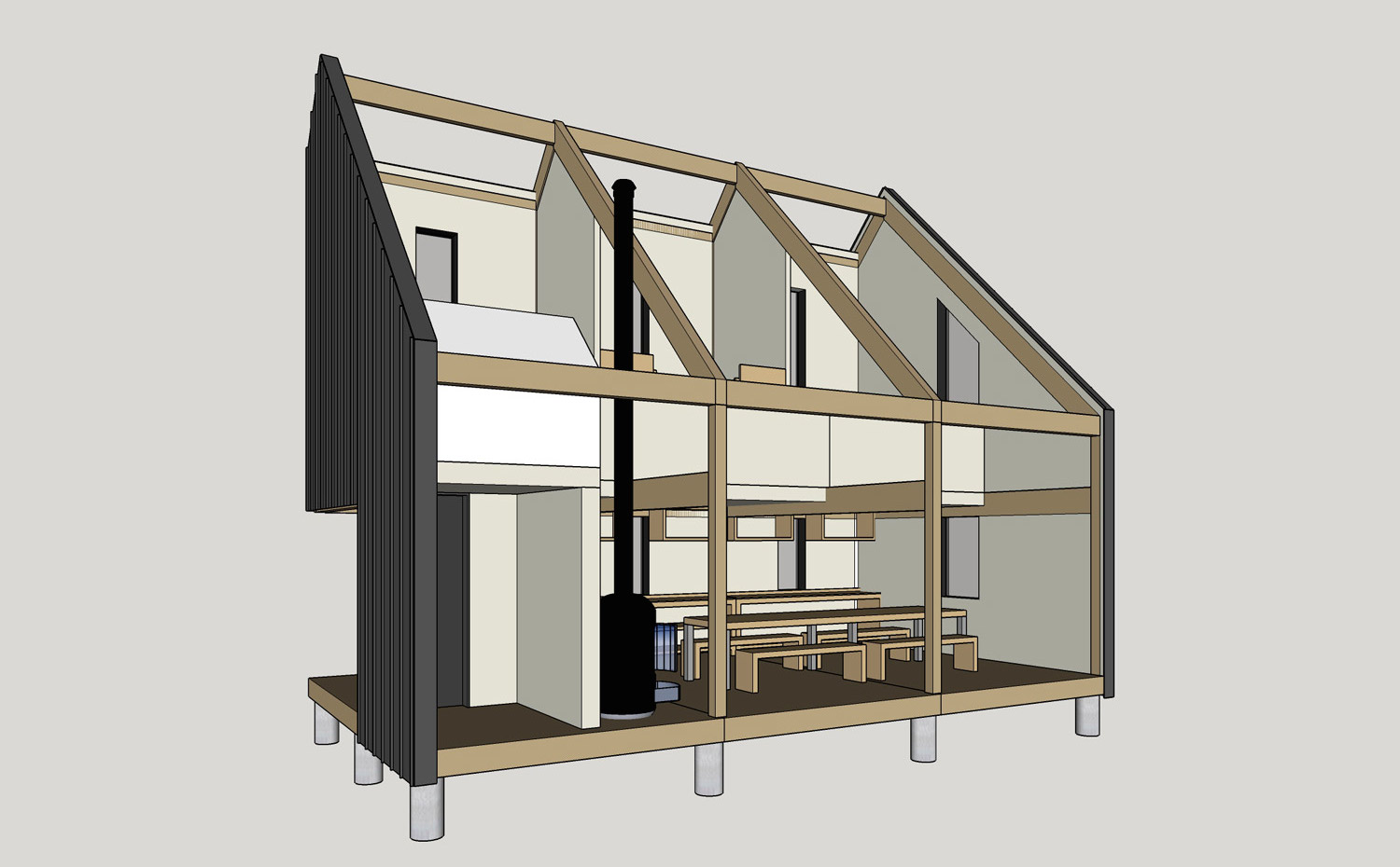 LeckieStudio BCH web Open. La estructura se basa en un sistema de vigas y columnas de madera completado con paneles prefabricados. La construcción se apoya sobre pilones de hormigón enterrados
