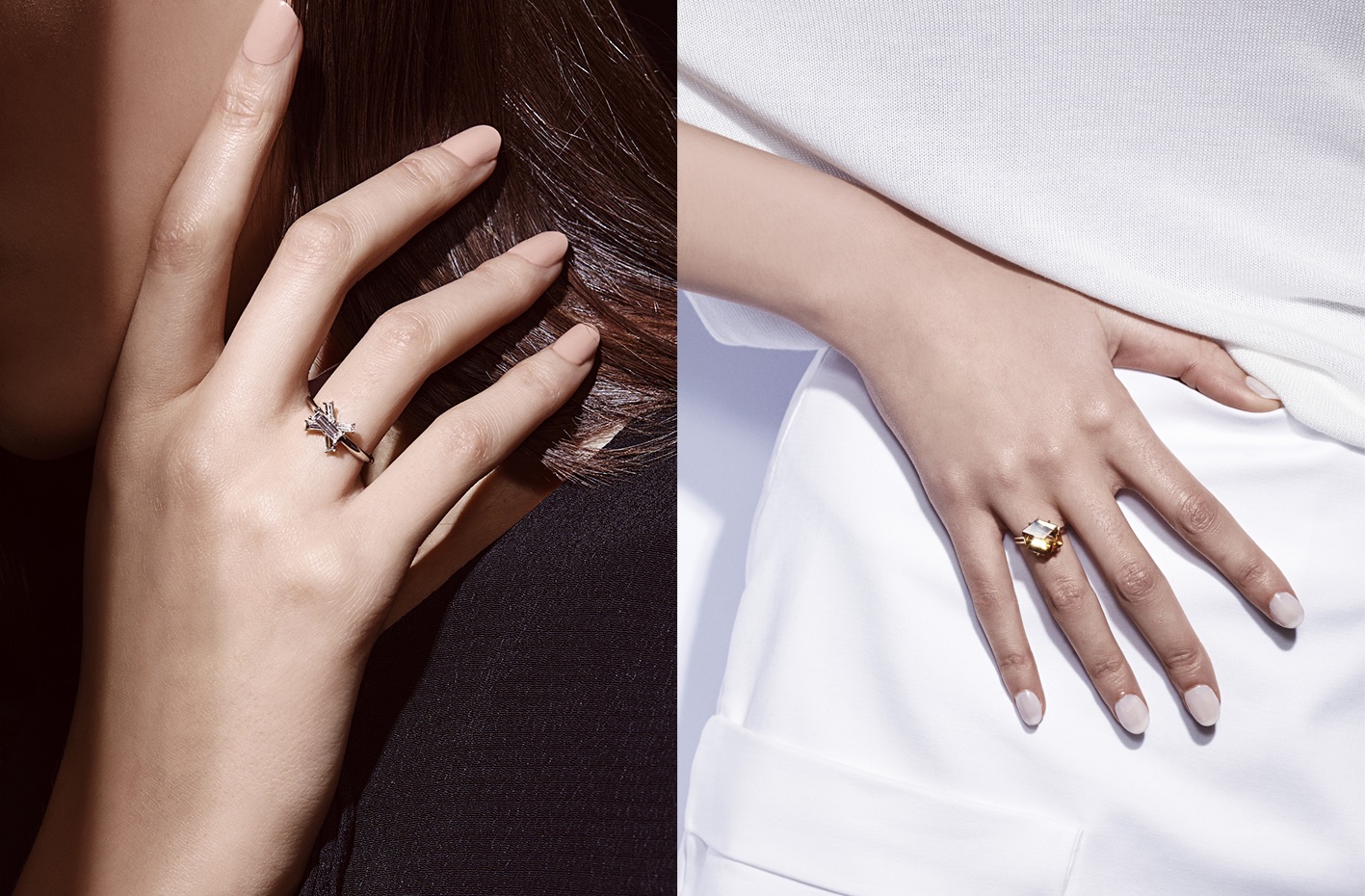 Anillo Light/Beam, de platino con diamantes (izq.) y anillo. Anillos de las líneas Light/Beam y Klar