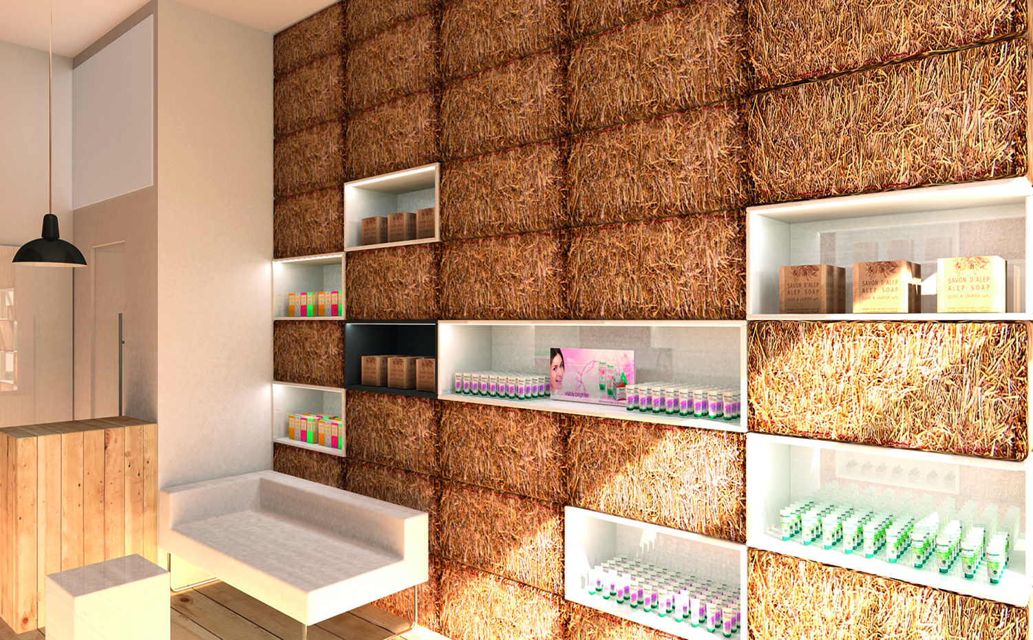 Hornowski Design. Las balas de paja también decoran el interior de esta tienda de cosmética en Cracovia (Polonia), de Hornowski Design