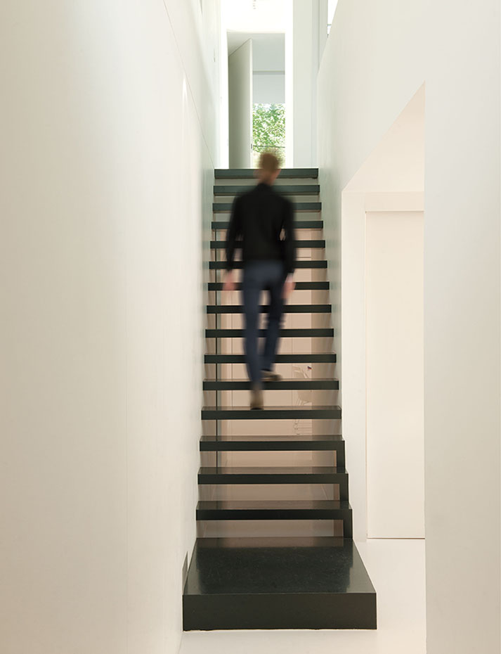 Unas escaleras de Corian negro conducen desde el vestíbulo a la zona pública de la casa en el nivel superior