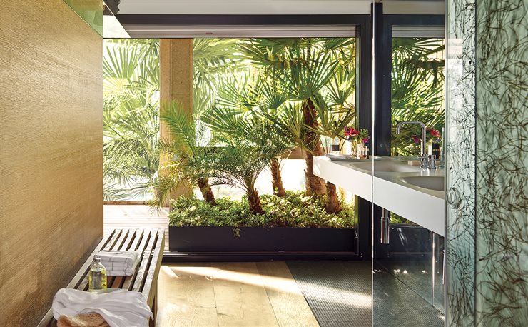 Una jardinera con palmeras introduce la vegetación en el baño de este dúplex barcelonés de Julio-Pérez Català