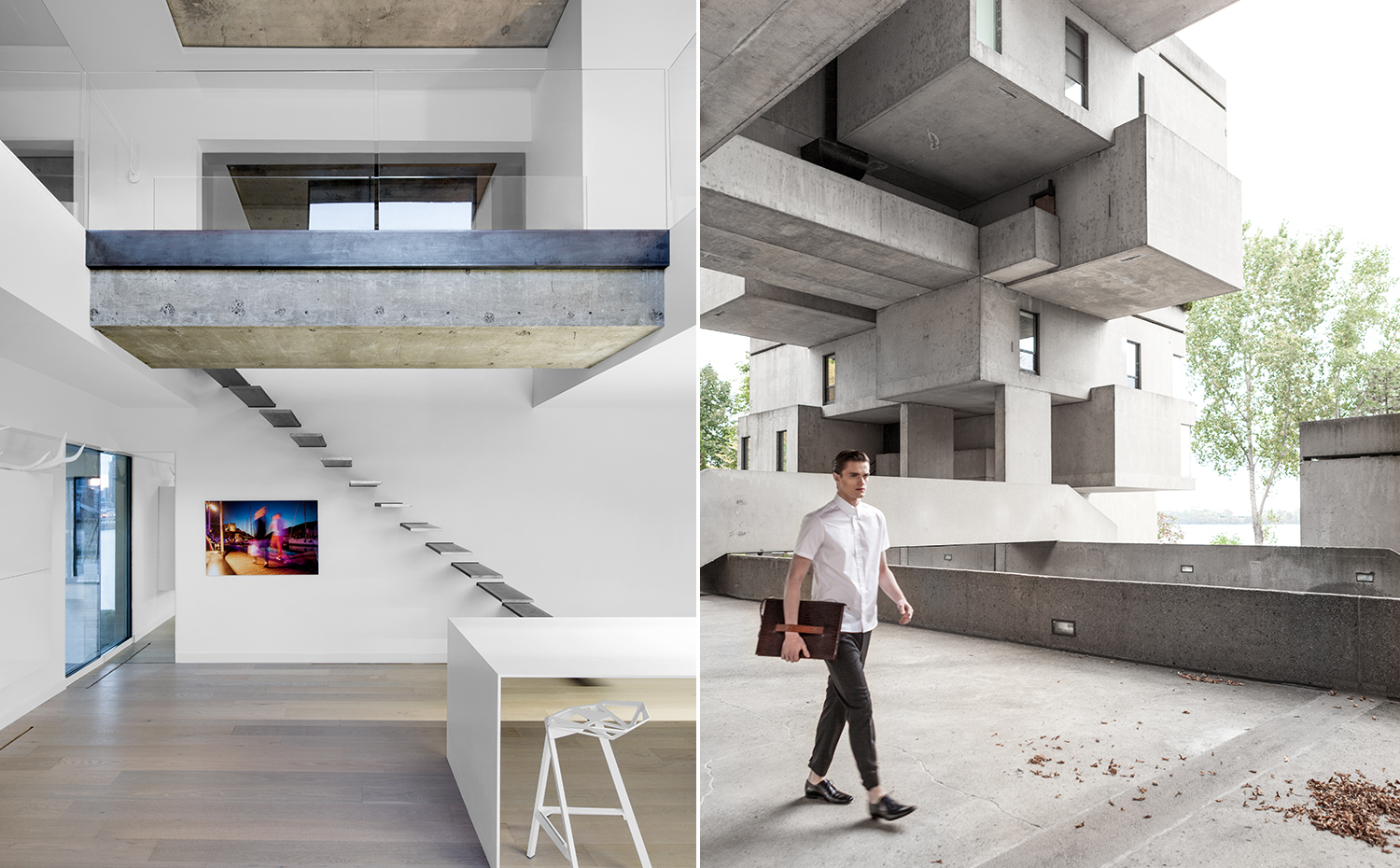 H67MG 5364+H67–11. El edificio Habitat 67 está construido con 354 encofrados de hormigón idénticos. La estructura permitió crear 146 apartamentos de distintos tamaños con sus respectivas terrazas y espacios de paso