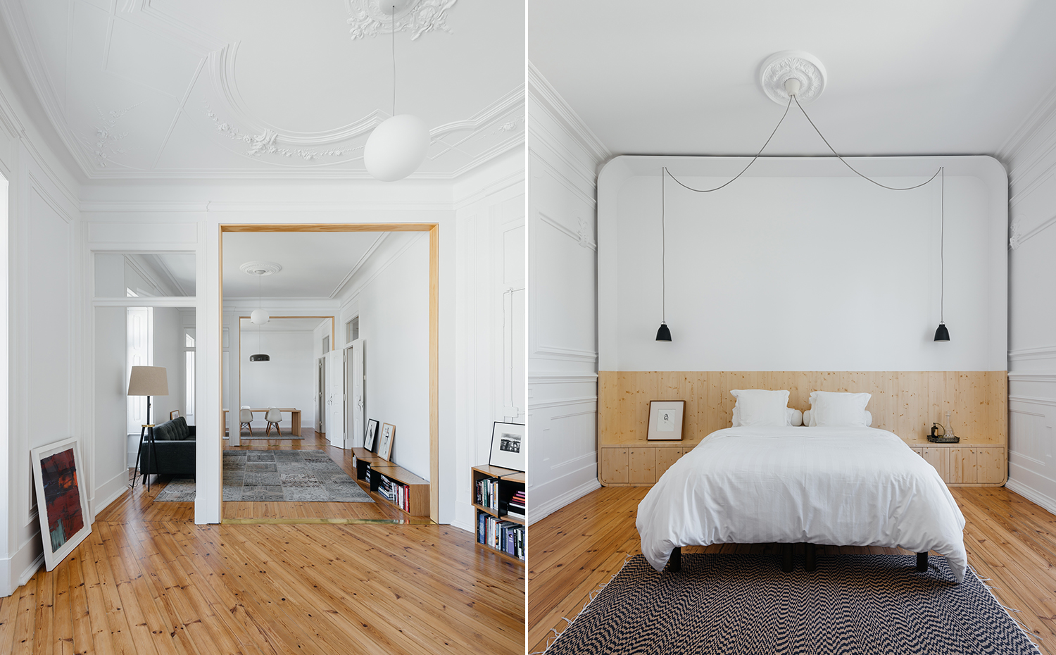 014+030. La madera y el metal sobre el marco decoran como si se tratara de un joyero una pared imprescindible. El revestimento de la pared del dormitorio es otro ejemplo de la original intervención