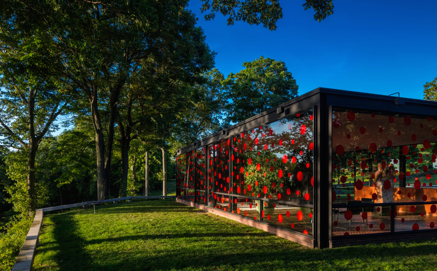 Instalación de Yayoi Kusama en la Glass House de Philip Johnson