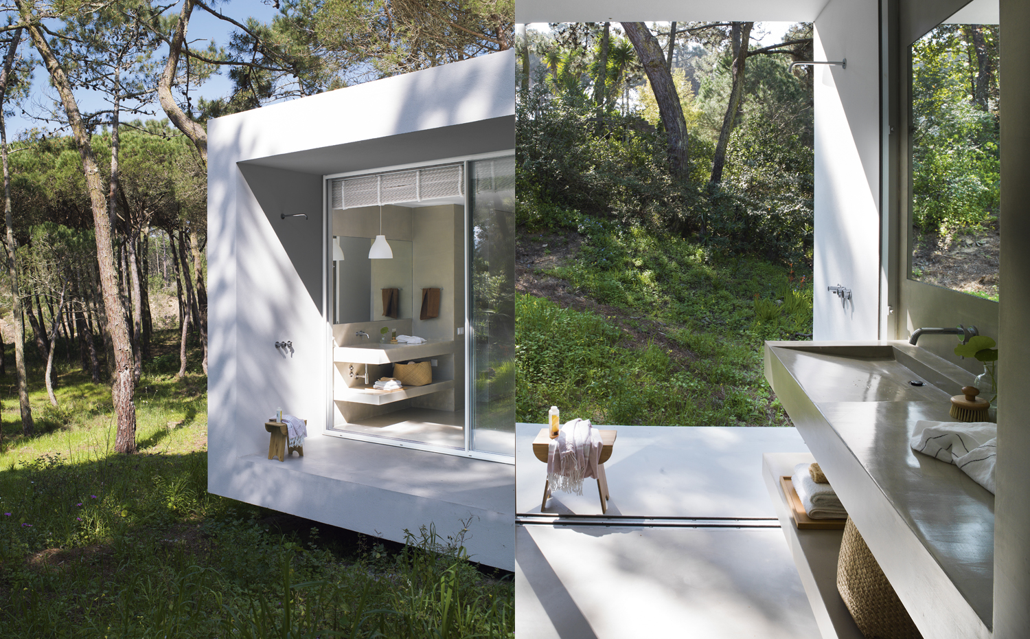baño. El retranqueo de la fachada se ha aprovechado para instalar una ducha al aire libre equipada con la grifería Slim, de Ofa, separada del baño por una puerta corredera de cristal