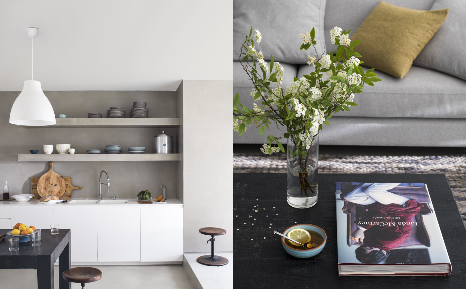 cocina+detalle. Las mesas –en la cocina, en el comedor– aportan el tono oscuro a un ambiente creado a base de mobiliario y complementos de colores claros