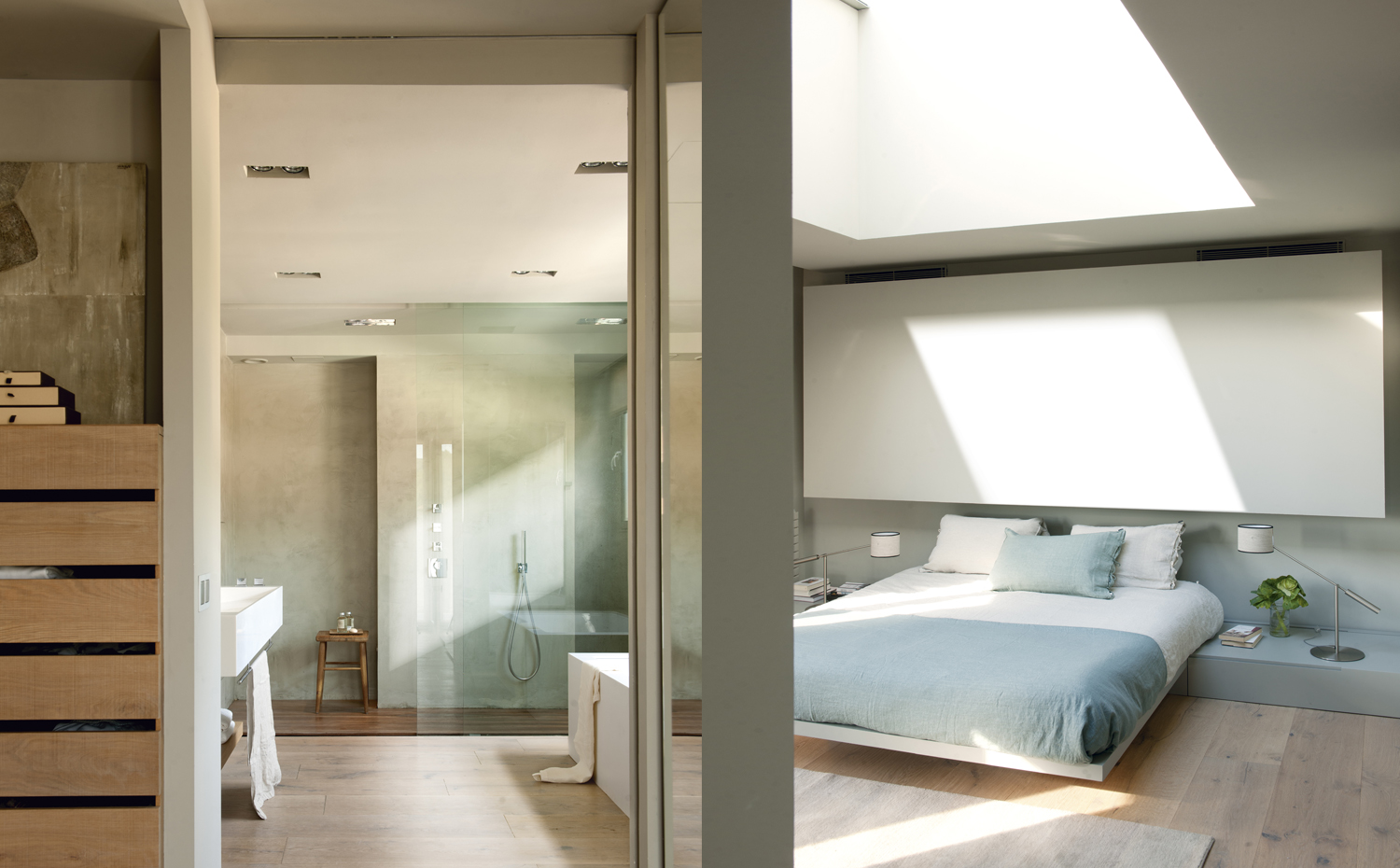 baño+dorm ok. La grifería de la ducha es de Fontini. El mobiliario del dormitorio es una creación de la interiorista. Lámparas de lectura Libra M, diseño de e.m. para Metalarte
