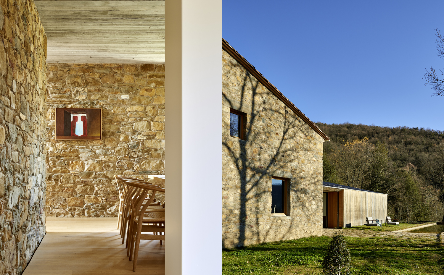 comedor+exterior. El hormigón visto y los suelos de roble de madera crean una continuidad material con la antigua piedra