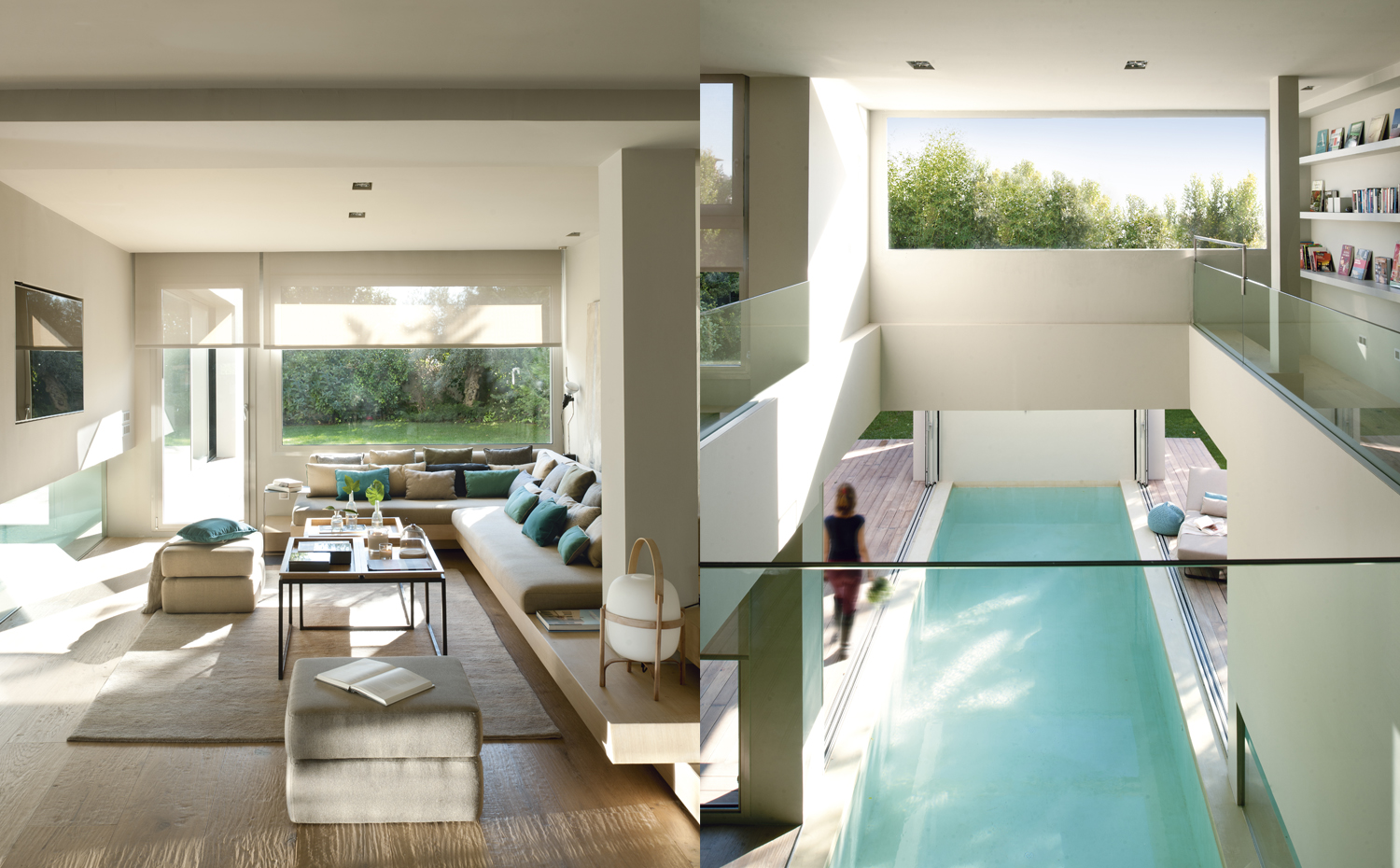 salón+piscina ok. La piscina es un elemento de transición que pertenece tanto al jardín como al interior. Un paño de vidrio horizontal permite verla desde el salón. La alfombra es de Basarabian