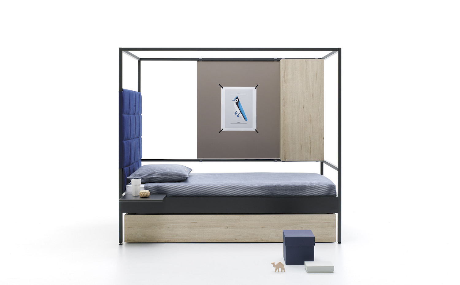 Estructura de cabezal acolchado con cuadrícula, cama nido, contenedor vertical DR, panel liso y mesita removible. Cabezal acolchado con cuadrícula, cama nido, contenedor vertical DR, panel liso y mesita removible
