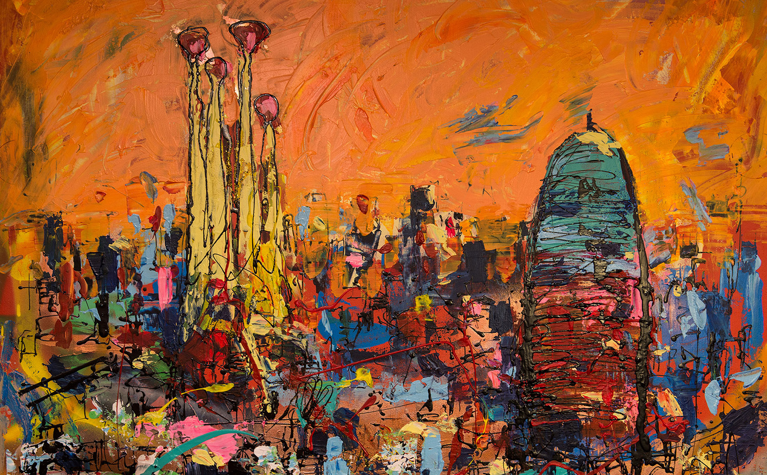 042. Pintura del Maxó Renella, que decora las paredes del hotel, con dos de los iconos de la ciudad: la Sagrada Familia y la torre Agbar