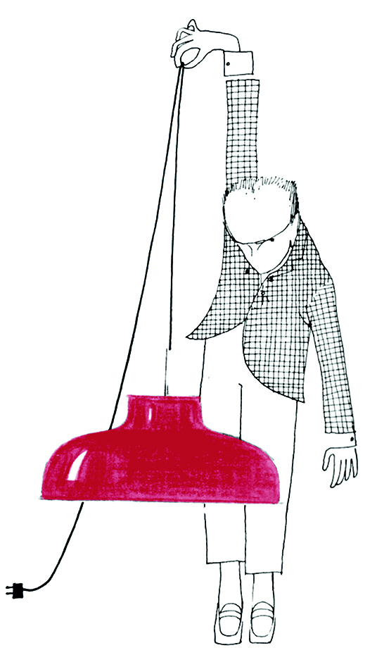 M68 dibujo rojo. Dibujo de Miguel Milá de la lámpara M68 (1962). El metacrilato original de la pantalla se ha sustituido por aluminio en acabado blanco mate, cromado y rojo brillante. También la produce Santa & Cole