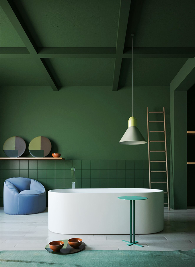 Federico Fenoglio apuesta todo al verde en esta sala de baño de líneas simples y una atmósfera que invita al relax