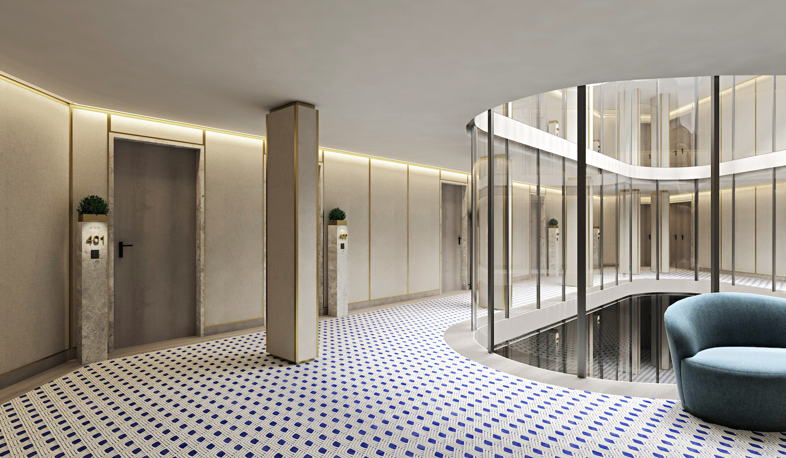Acceso a las habitaciones. El mármol Serpeggiante del hall de entrada a las habitaciones crea el efecto de una gran alfombra contemporánea