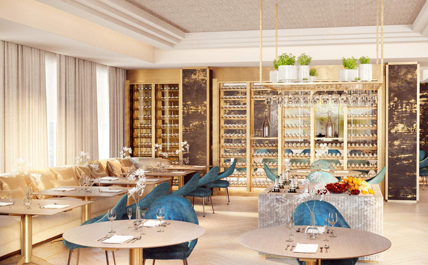 Bar. Las butacas azul turquesa dan continuidad a los diferentes espacios. Todo el mobiliario (salvo excepciones) está diseñado por Jaime Beriestain Studio para conseguir la armonía de todos los elementos, como en el Somni Restaurante & Coctelería