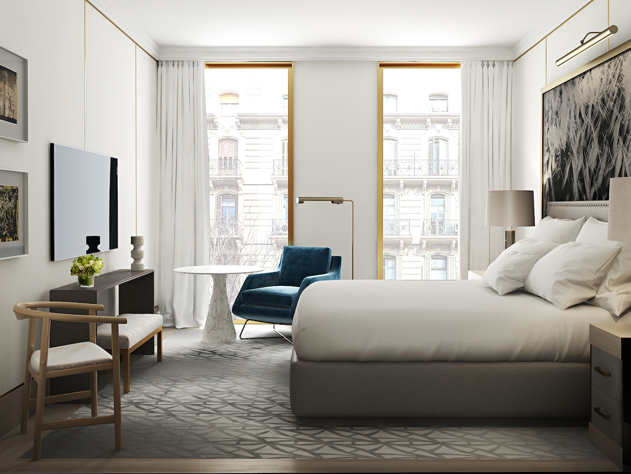 Habitación. Cada habitación está tecnológicamente equipada con mesillas de noche con conexión USB, tomas de corriente internacionales, cortinas eléctricas, TV inteligente y lámparas con reguladores de intensidad de la luz