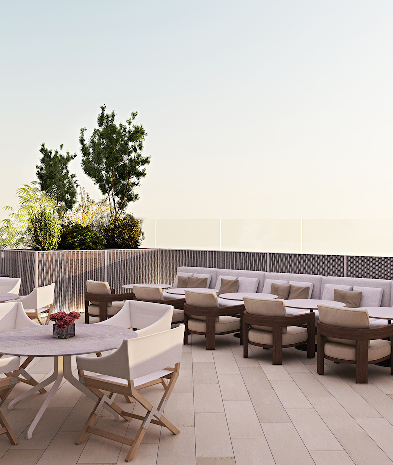 Sky Bar. Para absorver el exceso de luz en el Sky Bar, Beriestain ha utilizado madera de roble oscura que destaca sobre el color natural del resto de los espacios