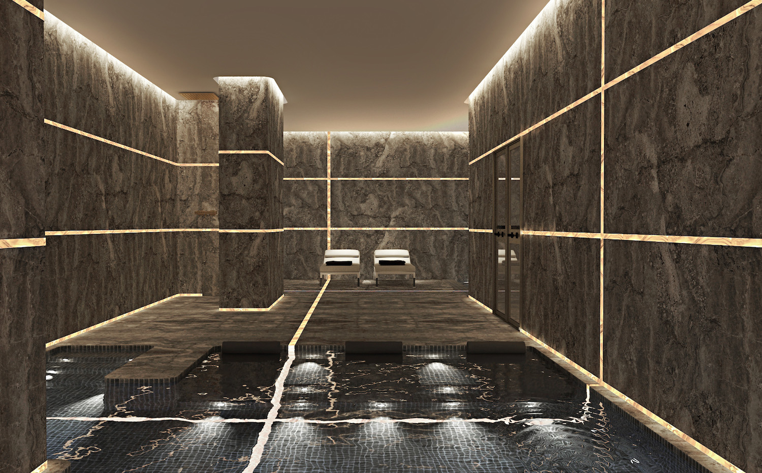 Spa. El sofisticado spa, proyectado en tonos oscuros, contiene una experience pool, sauna finlandesa y sala de tratamiento