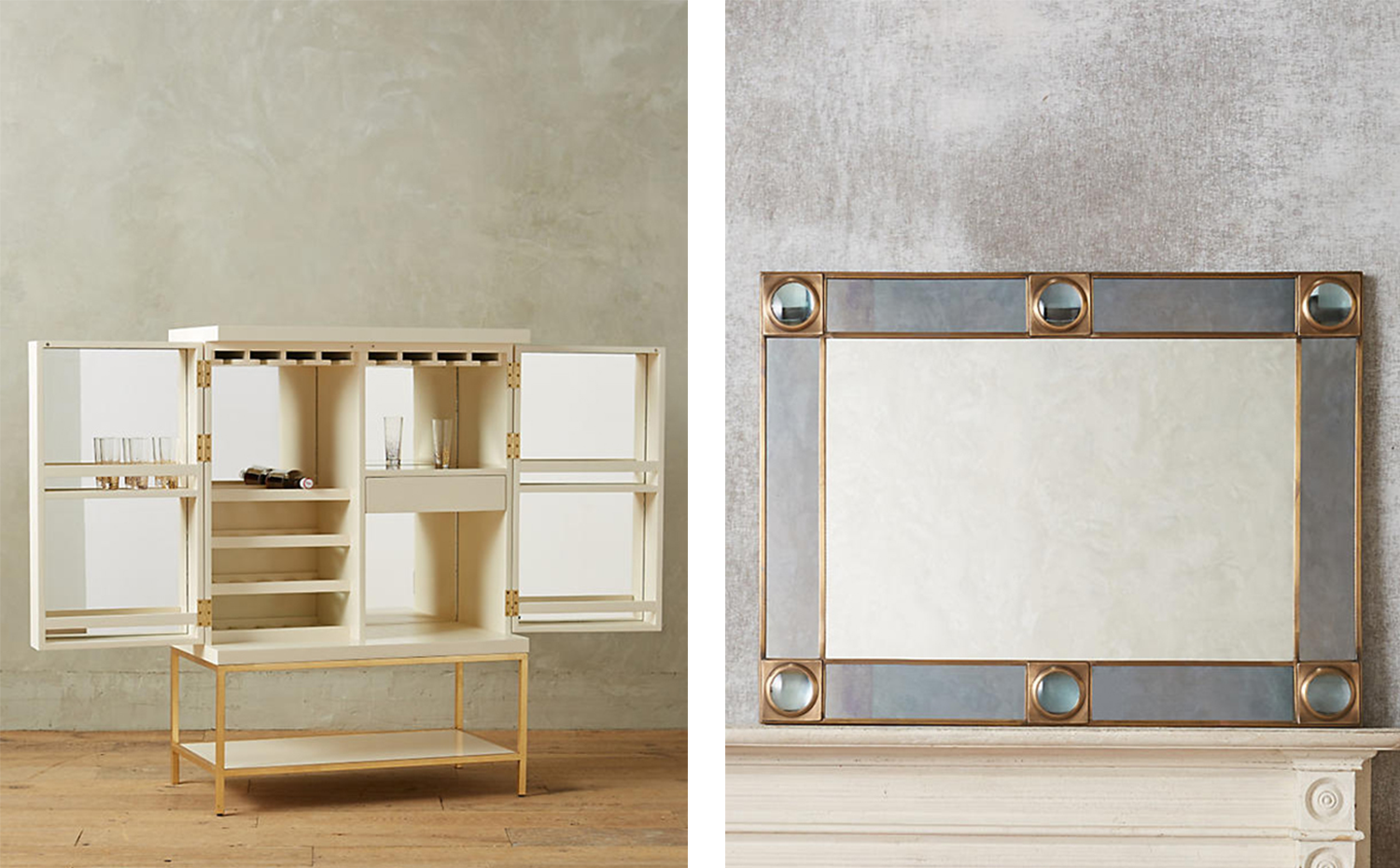 anthropologie. Mueble bar lacado en blanco con estructura dorada y Espejo Telescope, de Anthropologie
