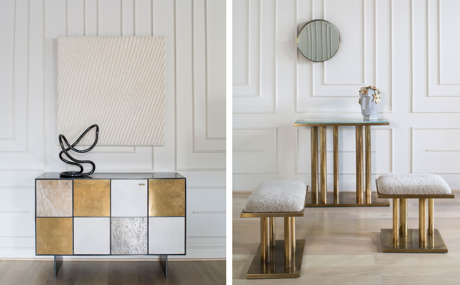 Kelly-Wearstler-Opens-a-New-Design-Store-at-Harrods-Interior-design-furniture. Aparador Huntley Credenza y bancos Holmby Stool, de  Kelly Wearstler