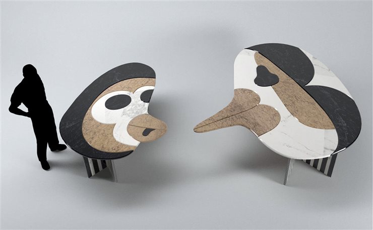 La colección la forman siete piezas, como estas mesas de comedor con silueta de pájaro