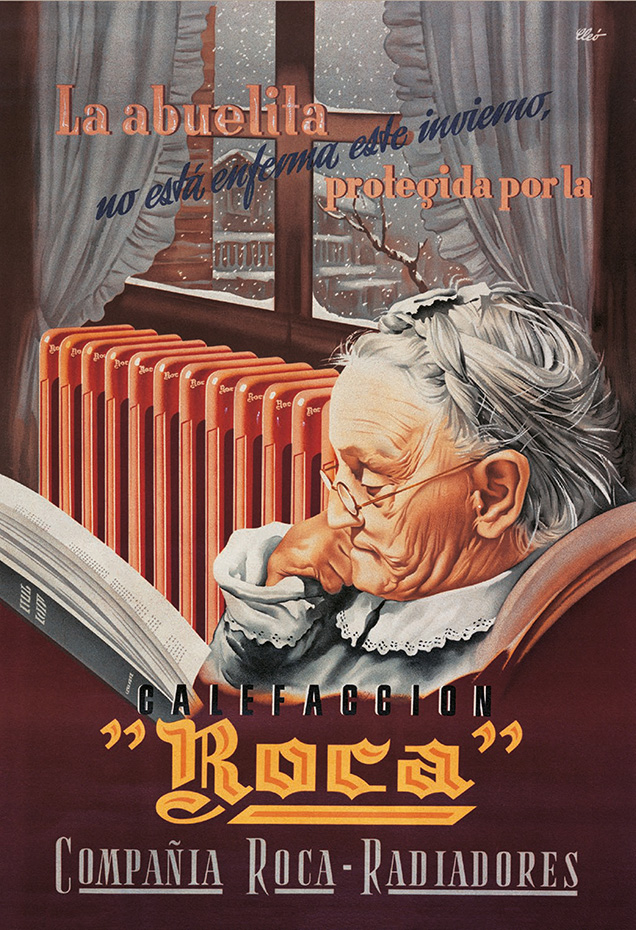 OPIs exteriores-Una historia compartida-001 Creditos-Roca. Los inicios de Roca están unidos a los radiadores y la calefacción. Con carteles como este la marca comunicaba confort de hogar y ambiente familiar