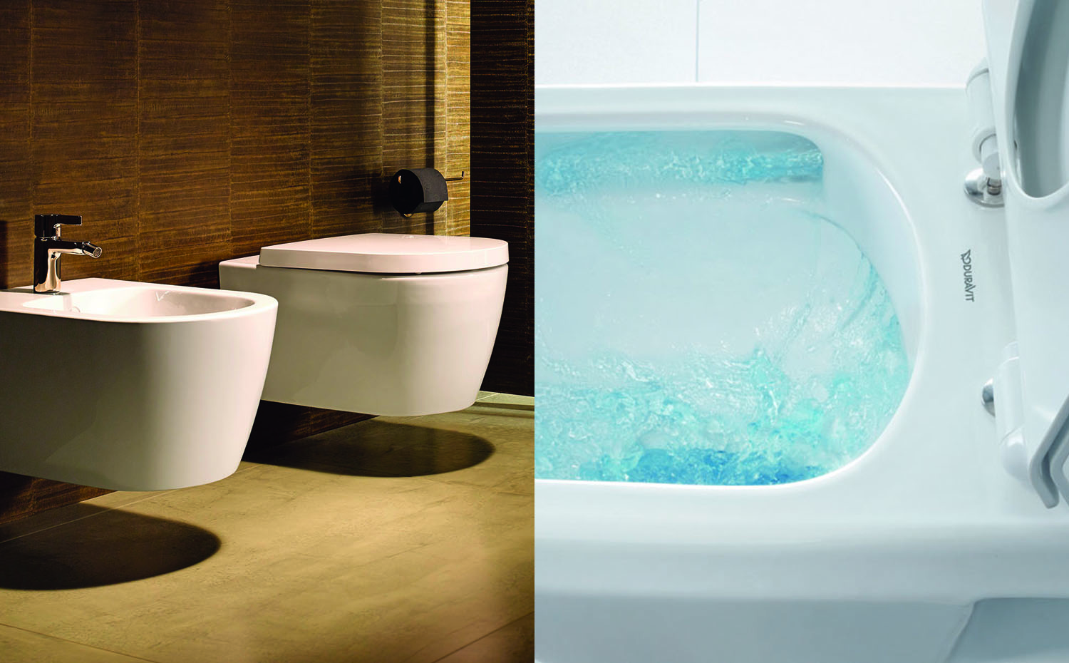 duravit rimless. La nueva tecnología Duravit Rimless posibilita una conducción del agua de descarga del inodoro más eficiente. De esta forma se puede garantizar un resultado de lavado perfecto, higiénico e impecable con una cantidad reducida de 4,5 litros de agua. El sistema está ya integrado en varios modelos de la marca, como el inodoro ME by Starck de la imagen