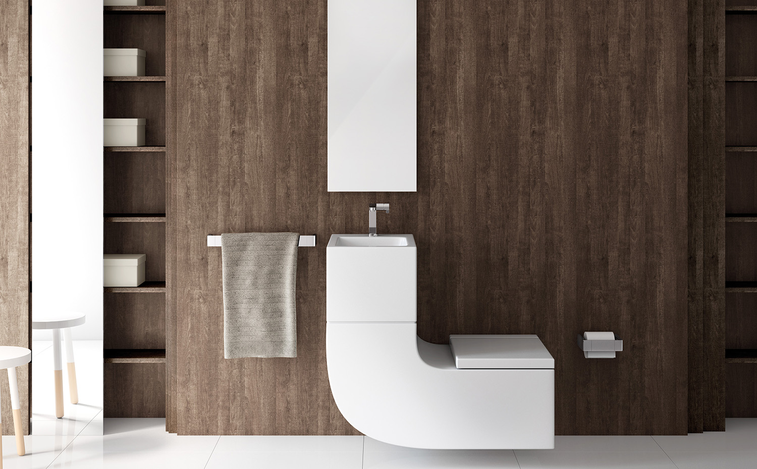 Roca W+W 4. El concepto W+W, de Gabriele y Oscar Buratti para Roca, es la suma de ahorro de agua y la optimización del espacio. Su innovador sistema filtra el agua del lavabo para reutilizarla en el inodoro