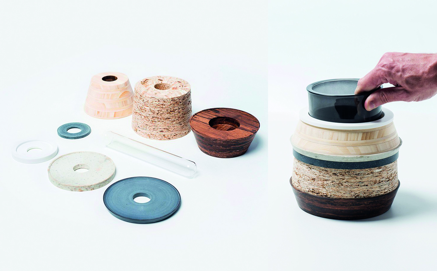 JARRON. Jarrones desmontables Babulus, con anillos de bambú, conglomerado de madera reciclada y Corian, de Nir Meiri