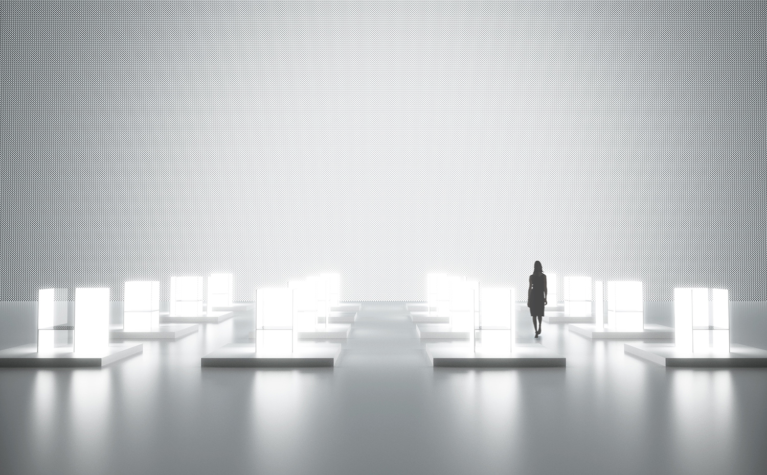 La instalación se basa en una reinterpretación de la silla SF diseñada por Tokujin Yoshioka, realizada con paneles de luz OLED. Sense of the Future