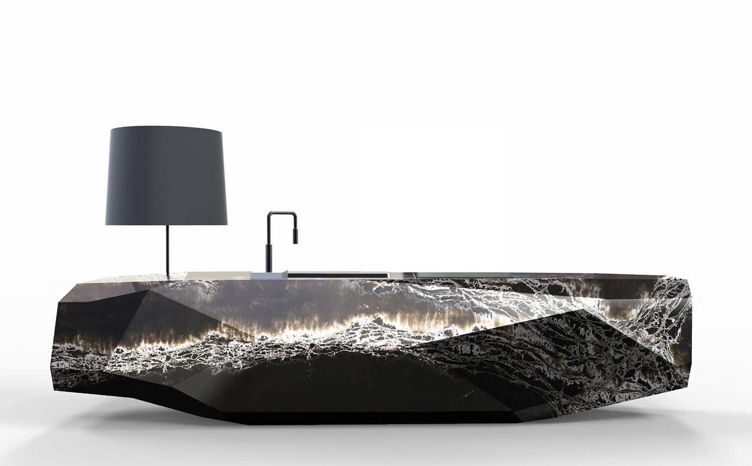 Copia de QuartzRock by ARIK LEVY. La firma Compac sorprendió en la edición de 2017 del certamen Espacio Cocina-SICI de Feria Valencia con Quartzrock, una imponente pieza de cuarzo de 850 kg de peso diseñada por Arik Levy y realizada con piezas Ice Black de su nueva colección Genesis