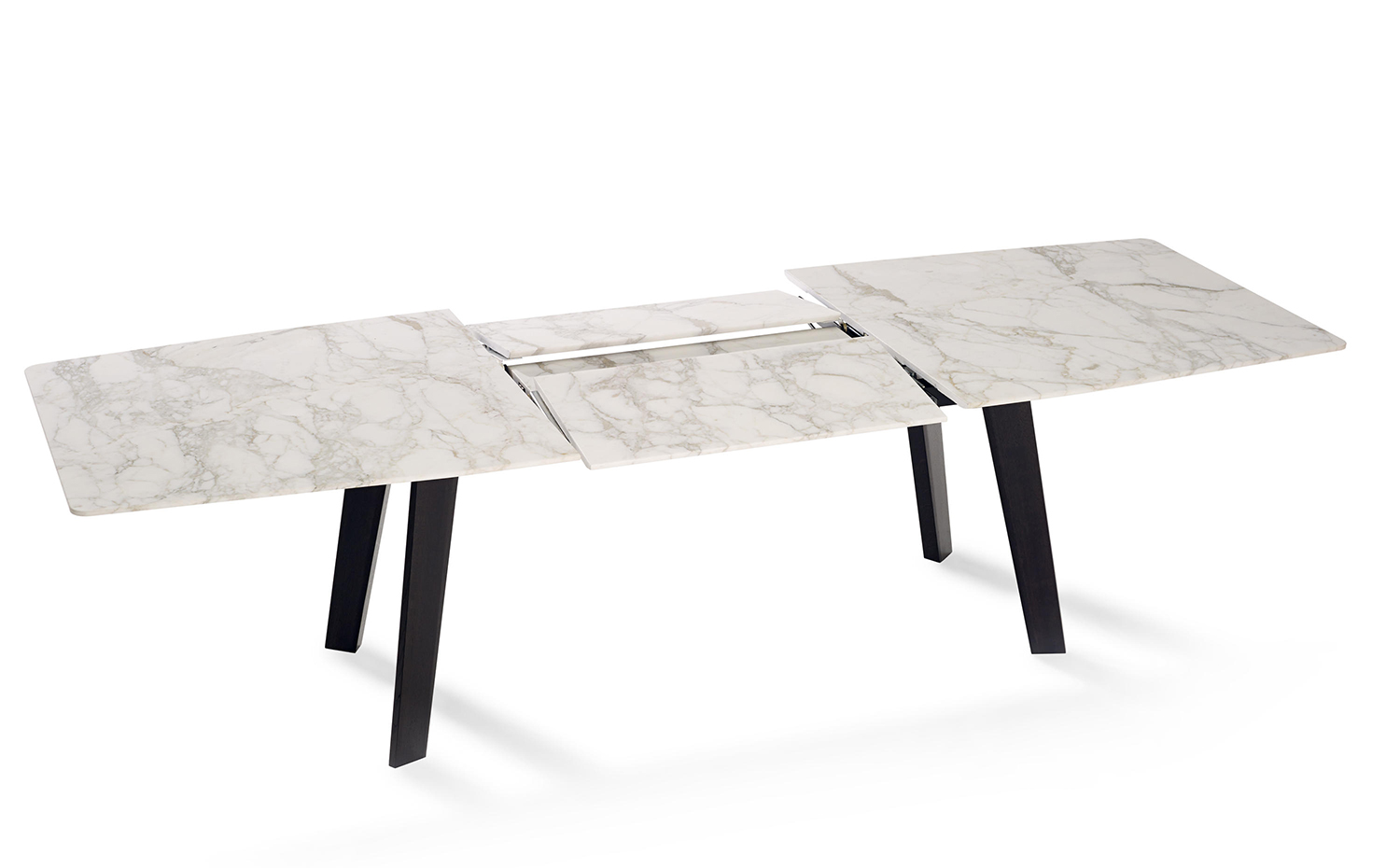 draenert fontana-1460-0-s03-halboffen-calacottagoldpoliert-4beiner-b. La mesa extensible Fontana, diseño de Georg Appeltshauser y Gino Carollo para Draenert, combina el carácter único de su sobre de piedra con un innovador mecanismo que permite desplegarla y recogerla de forma fácil