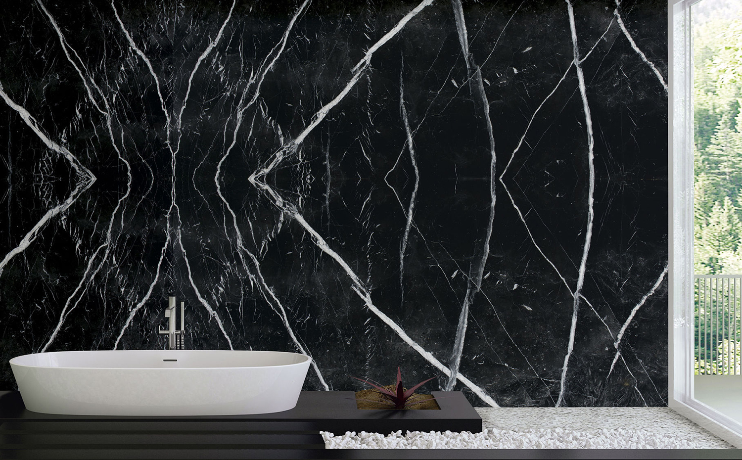 levantina negro markina. Revestimiento de pared con efecto de espejo o "bookmatching" con mármol Negro Marquina, de Levantina