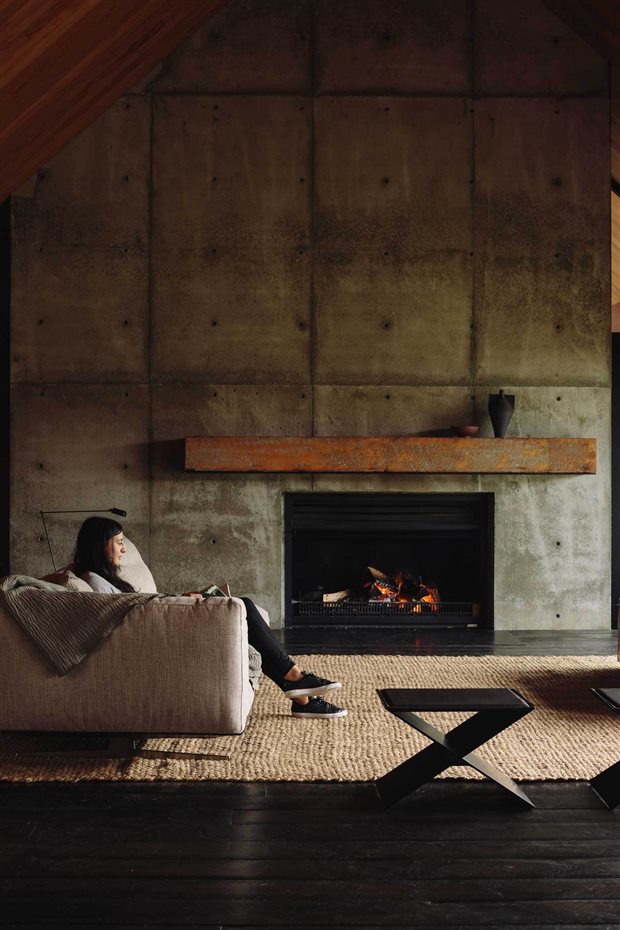 Forest-House-07. Una gran chimenea se inserta en uno de los muros de hormigón que sustentan el techo