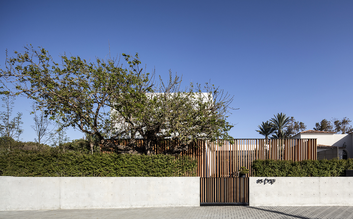 SHABAT HOUSE 001. Un corte en vertical en la entrada en un proyecto donde domina la horizontalidad