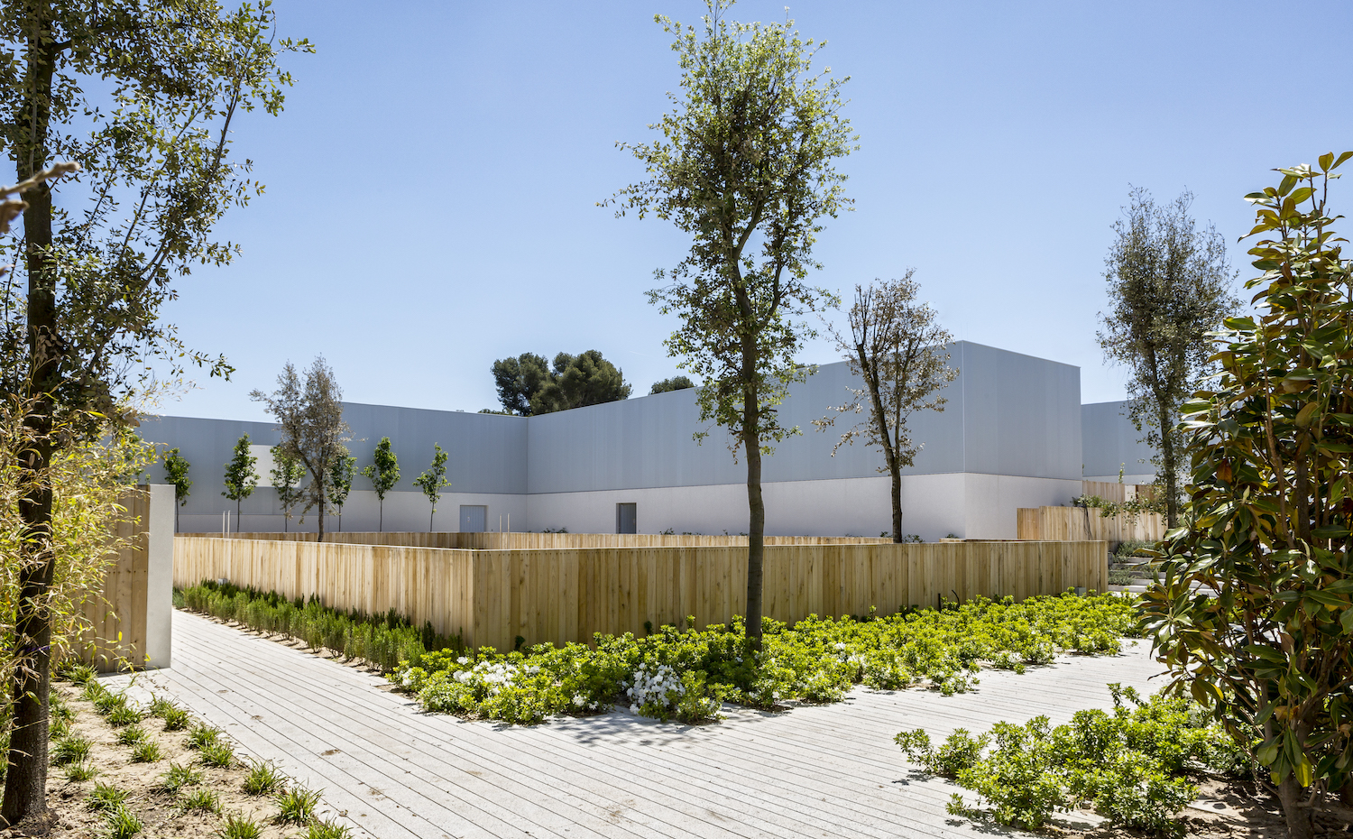 Zona común de la piscina, cuya jardinería refleja el paisaje adusto de la sierra de Madrid