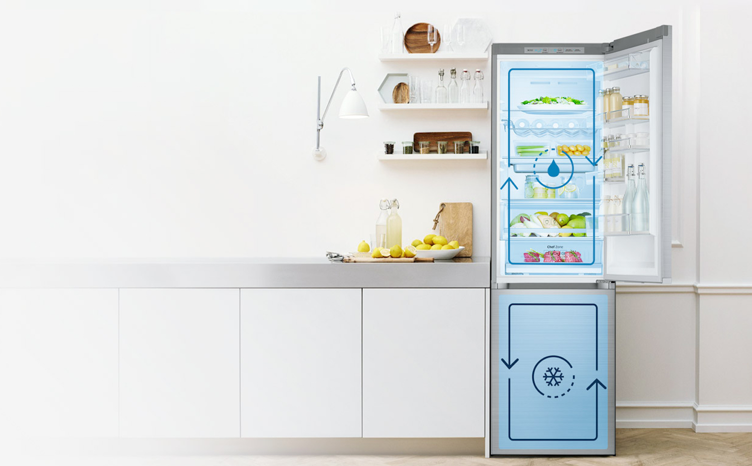1cluster. Sus dos sistemas de refrigeración independientes consiguen un 70% más de frescura en comparación con el 30% que ofrecen otros modelos