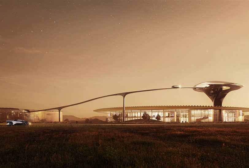 El campus está integrado por dos estructuras bajas y una torre comunicada por un raíl elevado