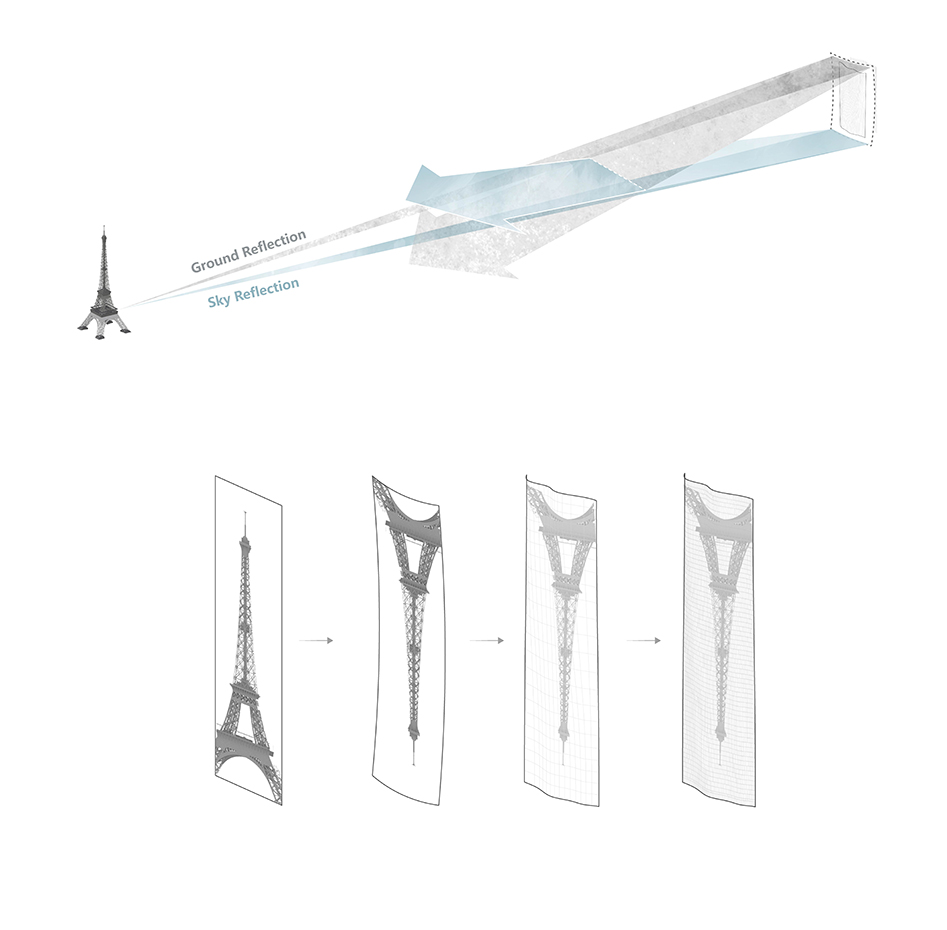 Diagrama de la reflexión de la torre Eiffel en la fachada de la torre Montparnasse propuesta por MAD Architects