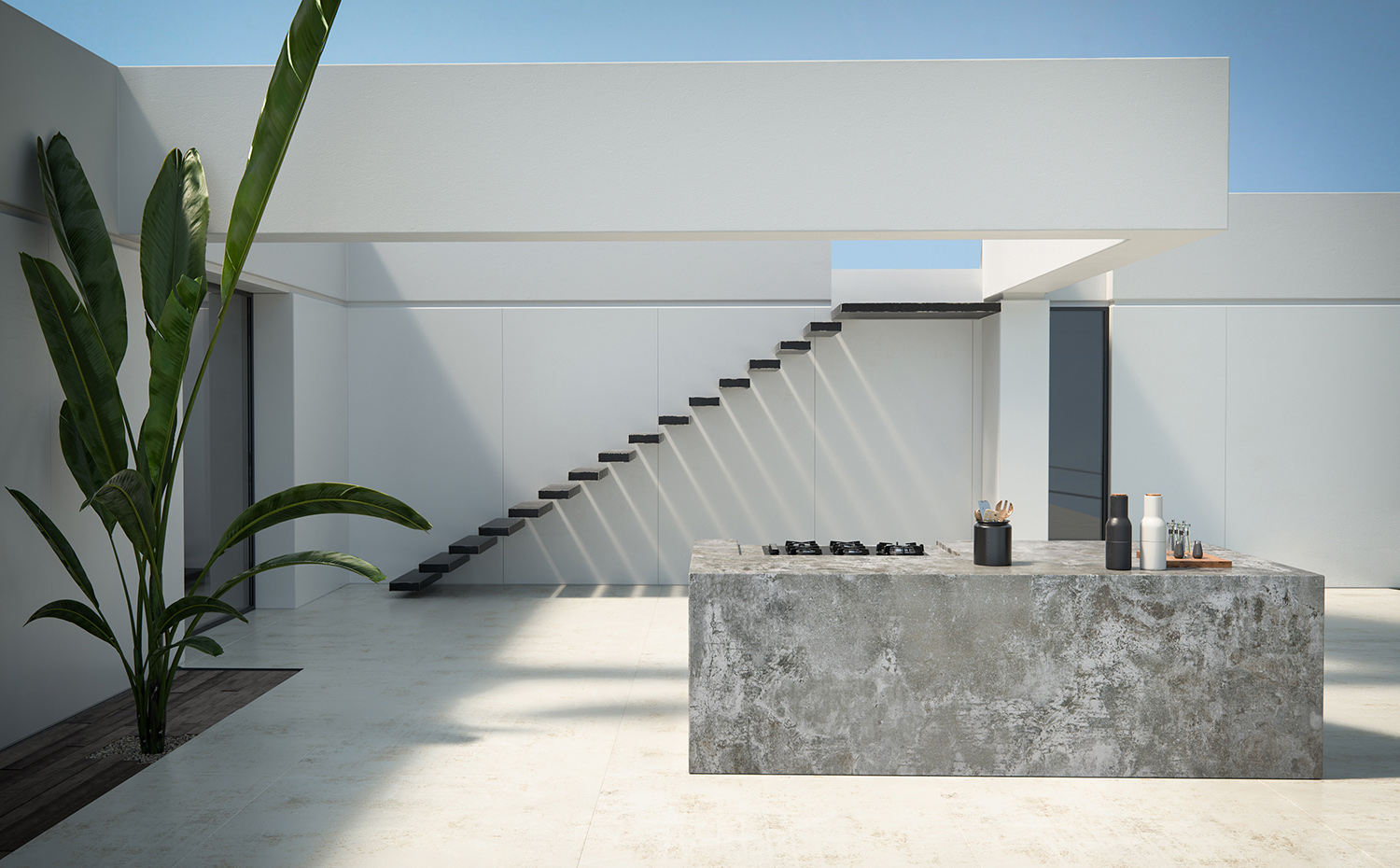Dekton Nilium floor Dekton Orix kitchen block. Dekton® Orix es un cemento desgastado en el que la estética industrial se caracteriza por ser férrea, fría y rota. Aquí se ha utilizado para revestir el bloque de la cocina
