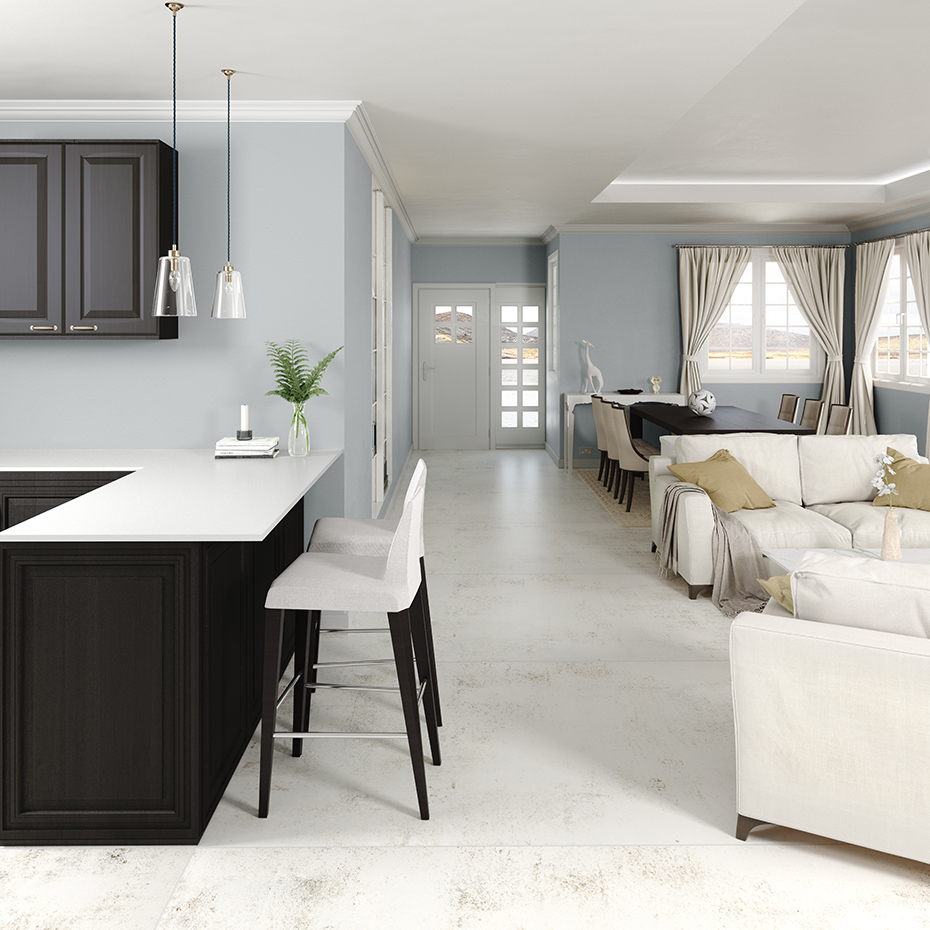 Dekton Nilium floor. Inspirado en un metal plateado, Dekton® Nilium –utilizado aquí como pavimento– ofrece un sutil cóctel de tonos blancos y grises. La delicada aparición de colores cálidos representa el inicio del proceso de oxidación de un material