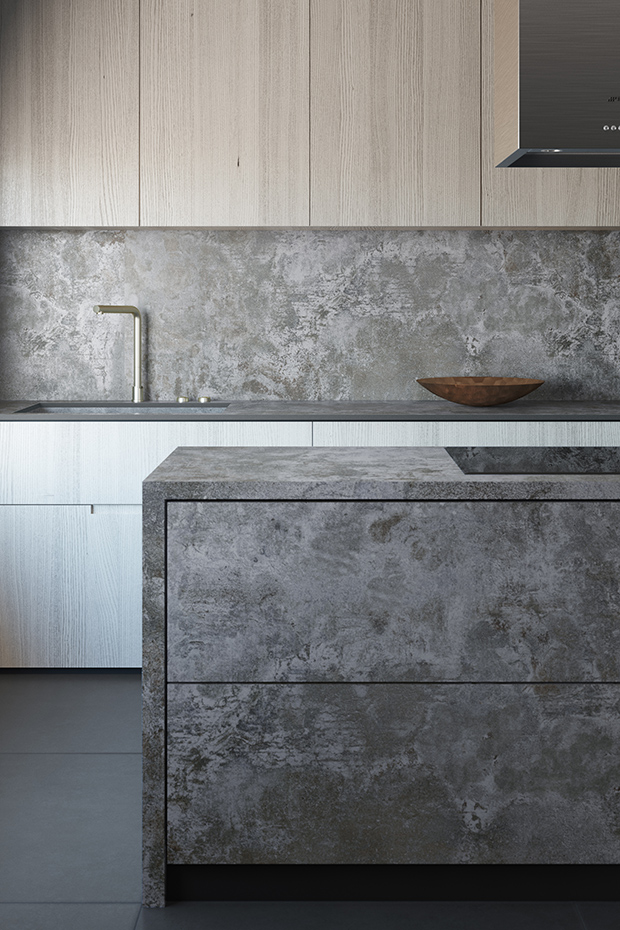 Dekton Orix countertops fronts backsplash. La combinación cromática de Dekton® Orix se basa en diferentes tonos grises, azules y verdes