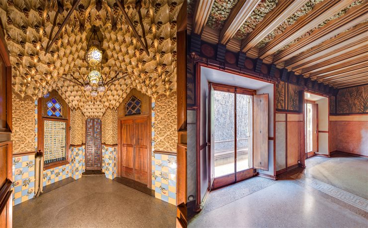 Dos imágenes que muestran la profusa ornamentación de las estancias interiores de la Casa Vicens de Gaudí. 