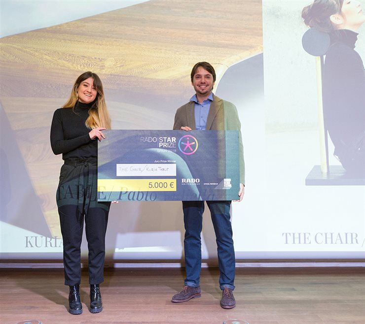 Paula Clavería y Pablo Vidiella, ganadores del Rado Star Prize Spain 2018. La primera es licenciada en Diseño Integral y Gestión de la Imagen en la Universidad Rey Juan Carlos I, y actualmente reside en Berlín. Vidiella es licenciado en Arquitectura Superior por la Universidad San Pablo CEU.

