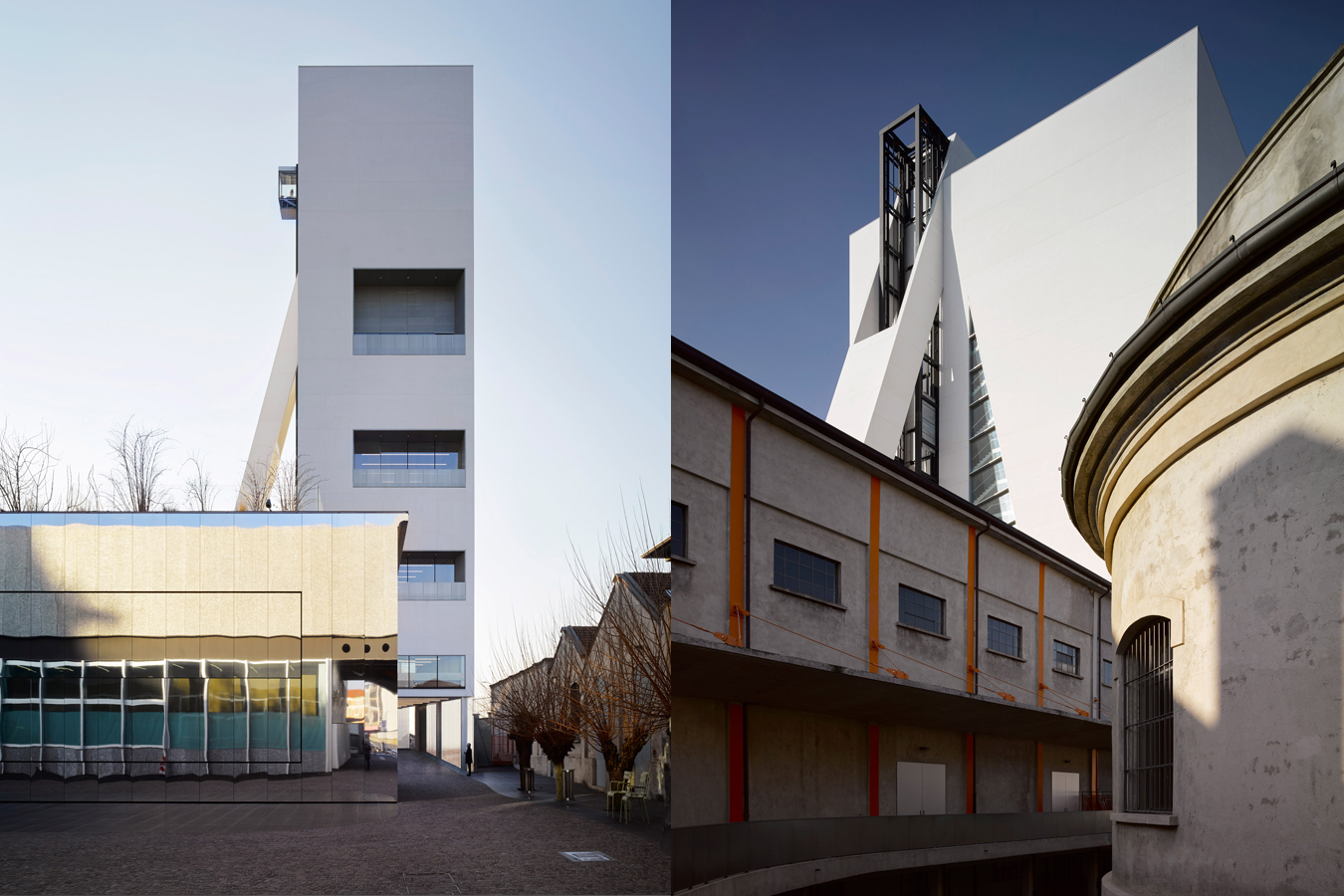 A la izquierda, el torreón tras el cine; a la derecha, entre los antiguos edificios de la destilería.