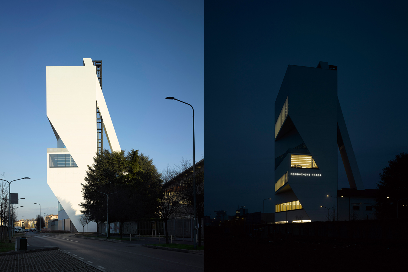 La torre de la Fondazione Prada de Milán es de geometría irregular y disfruta de grandes ventanales con vistas a la ciudad.