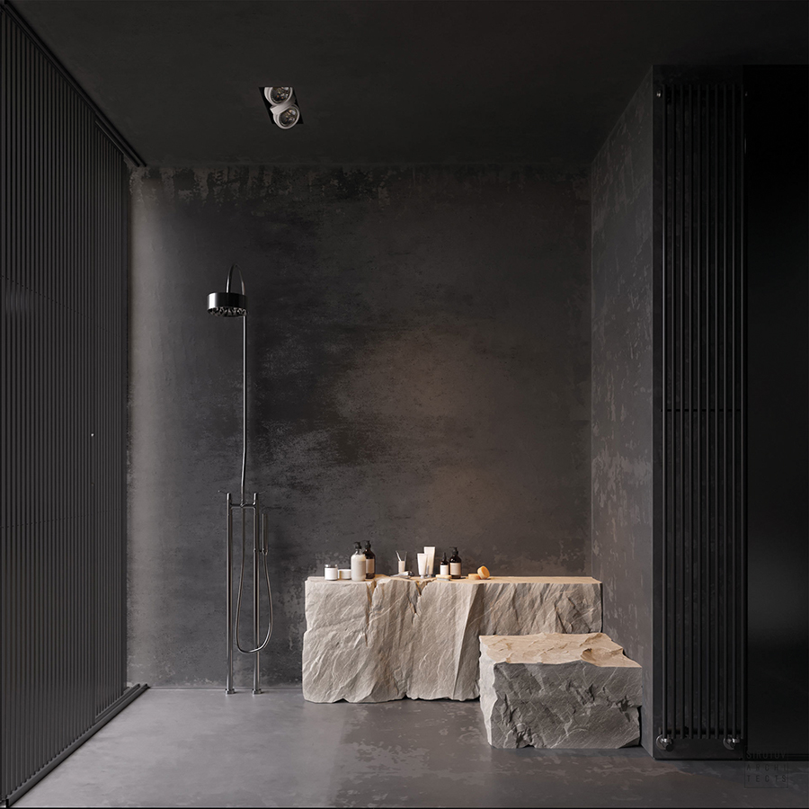 La piedra serrada es el argumento de diseño del baño PS2H, del arquitecto Igor Sirotov.