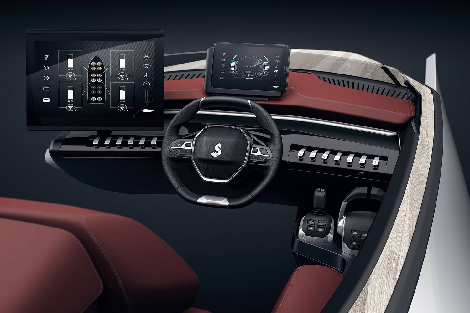 La innovación tecnológica se combina con la calidad de acabados y la elección de materiales basados en la gama GT de Peugeot: cuero napa, pespuntes de color cobrizo, toques cromados y satinados...
