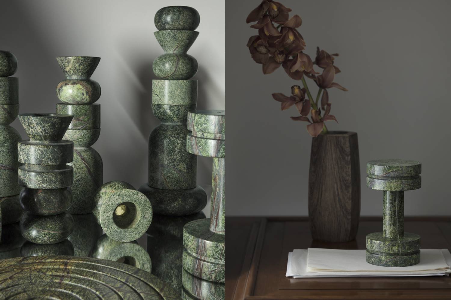 A la izquierda candelabros apilados, a la derecha pesas de 2,5 kg de la colección ROCK.
