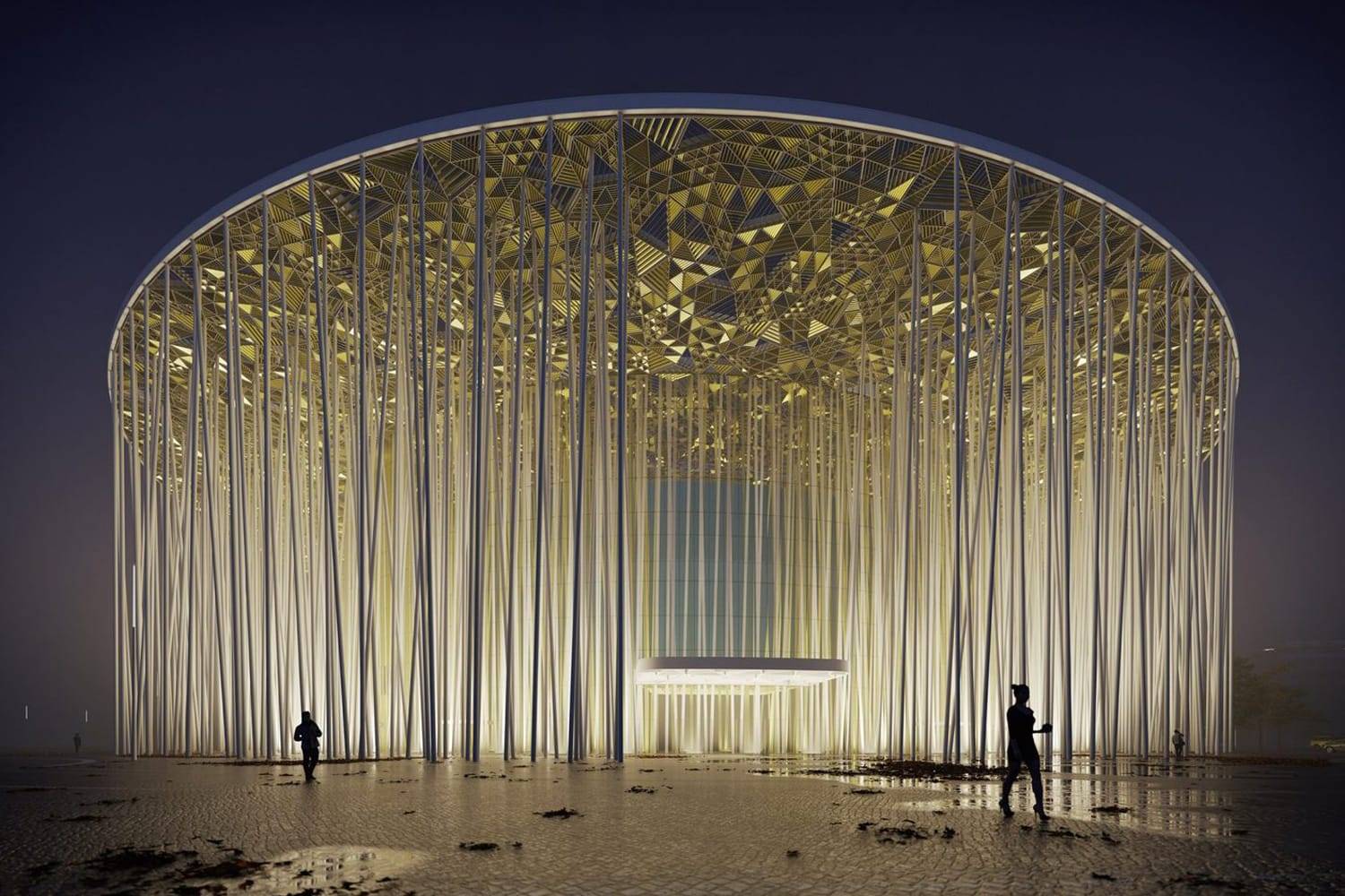 La cubierta de Wuxi Thaiu Show Theatre está formada por triangulaciones que confinen lamas de aluminio anodizado dorado.